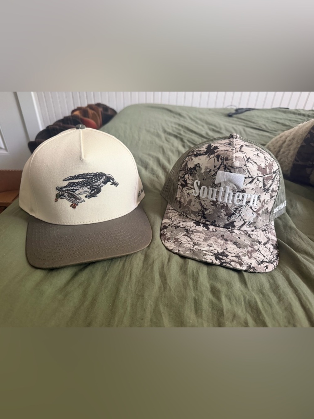 Two southern string hats - White/Tan Alligator & Camouflage Southern Logo